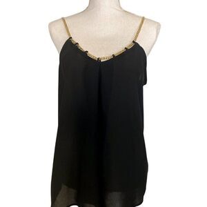 EUC Guess Black Gold Chain Strap Black Slinky Camisole Top